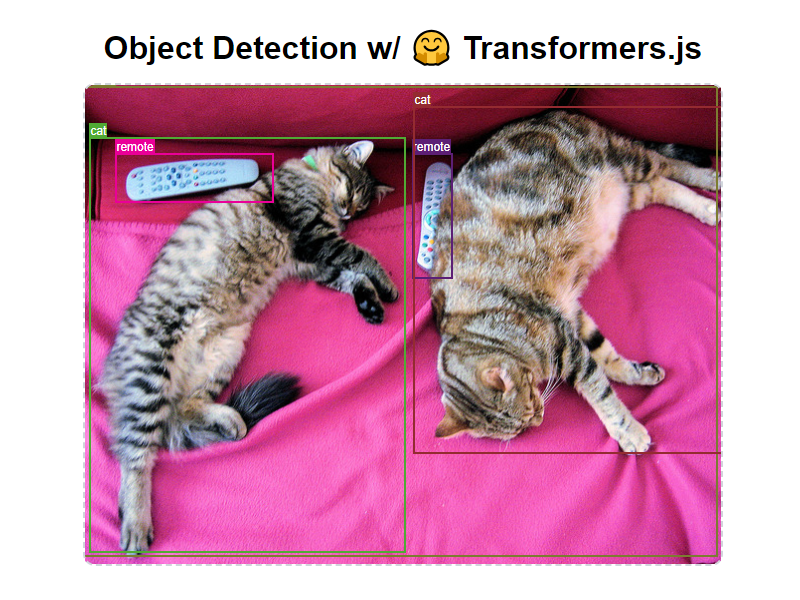 Example detection output showing bounding boxes and labels for a cat and a remote control