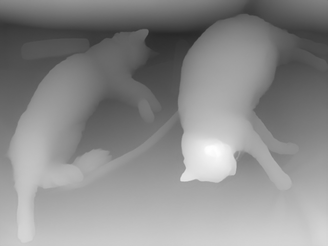 Depth map output from Depth-Anything-V2-Small on an image of cats