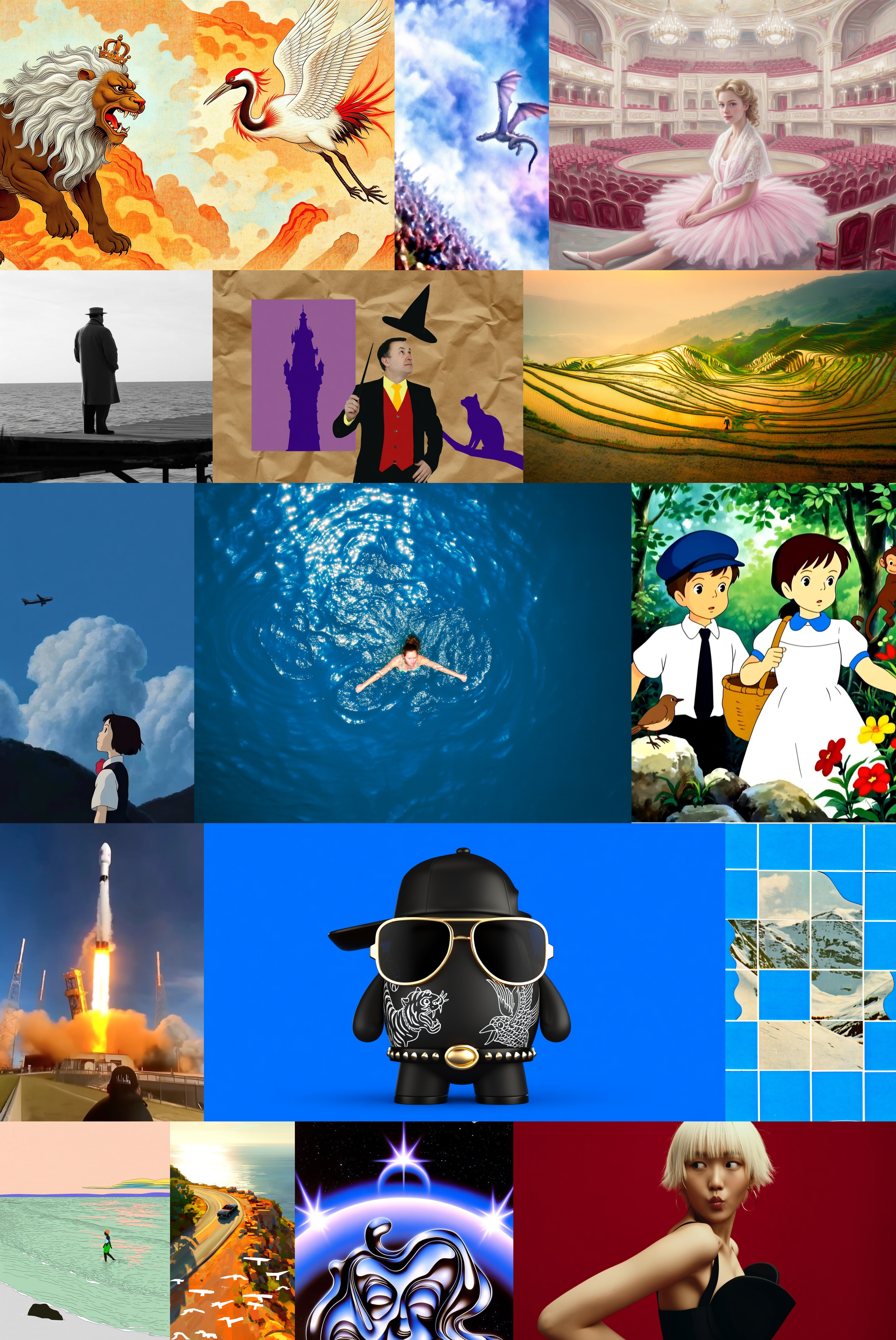 Sample outputs generated by Krea 2, showing diverse scenes and styles.
