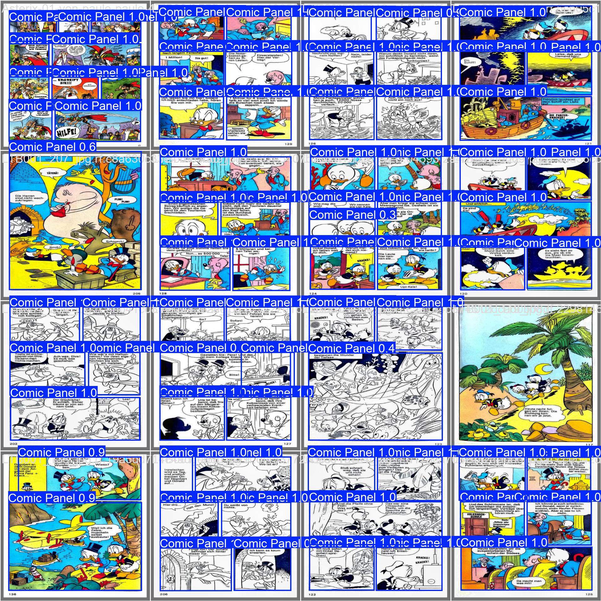 Validation predictions showing detected comic panel bounding boxes