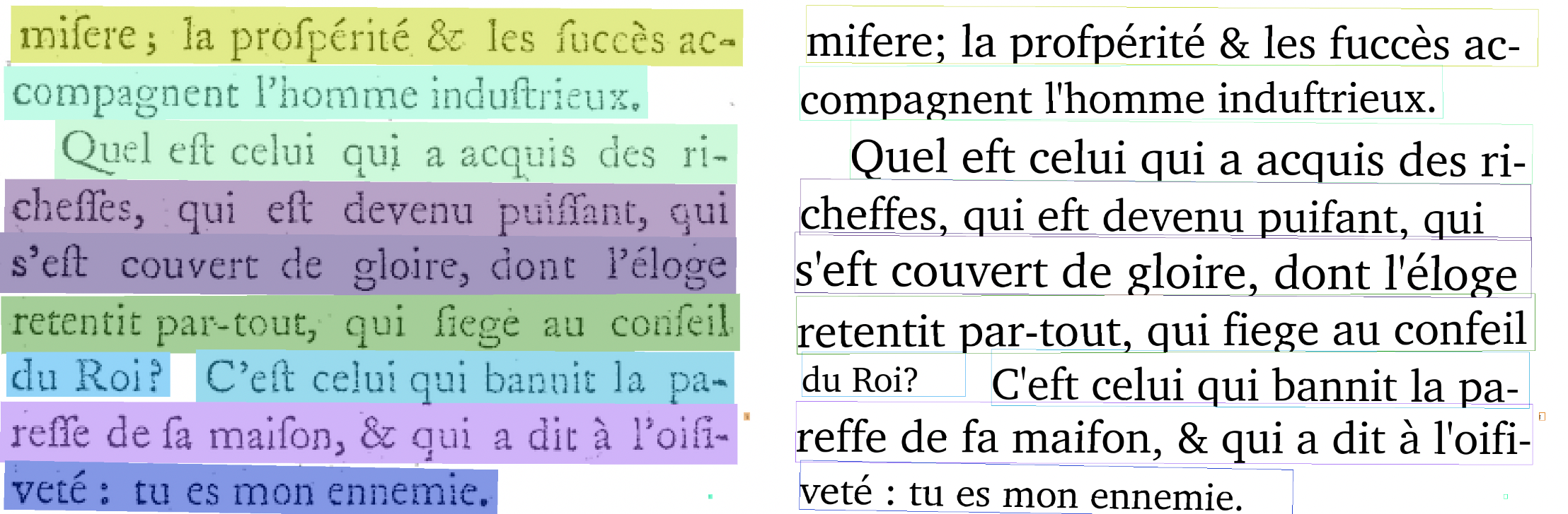 Visualization of OCR pipeline output showing detected text regions and their recognition results on a page of historical French text.