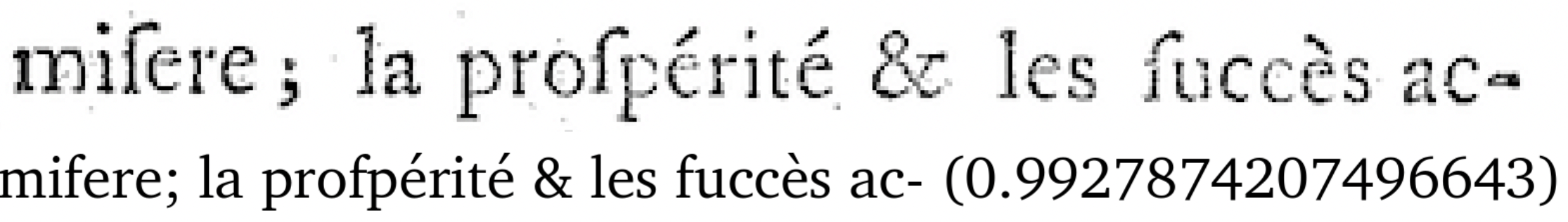 Sample input image with overlaid recognized text: 'mifere; la profpérité & les fuccès ac-'.